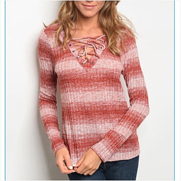 Ribbed LaceUp Ombré Striped Sweater Top SML - Picture 2 of 6